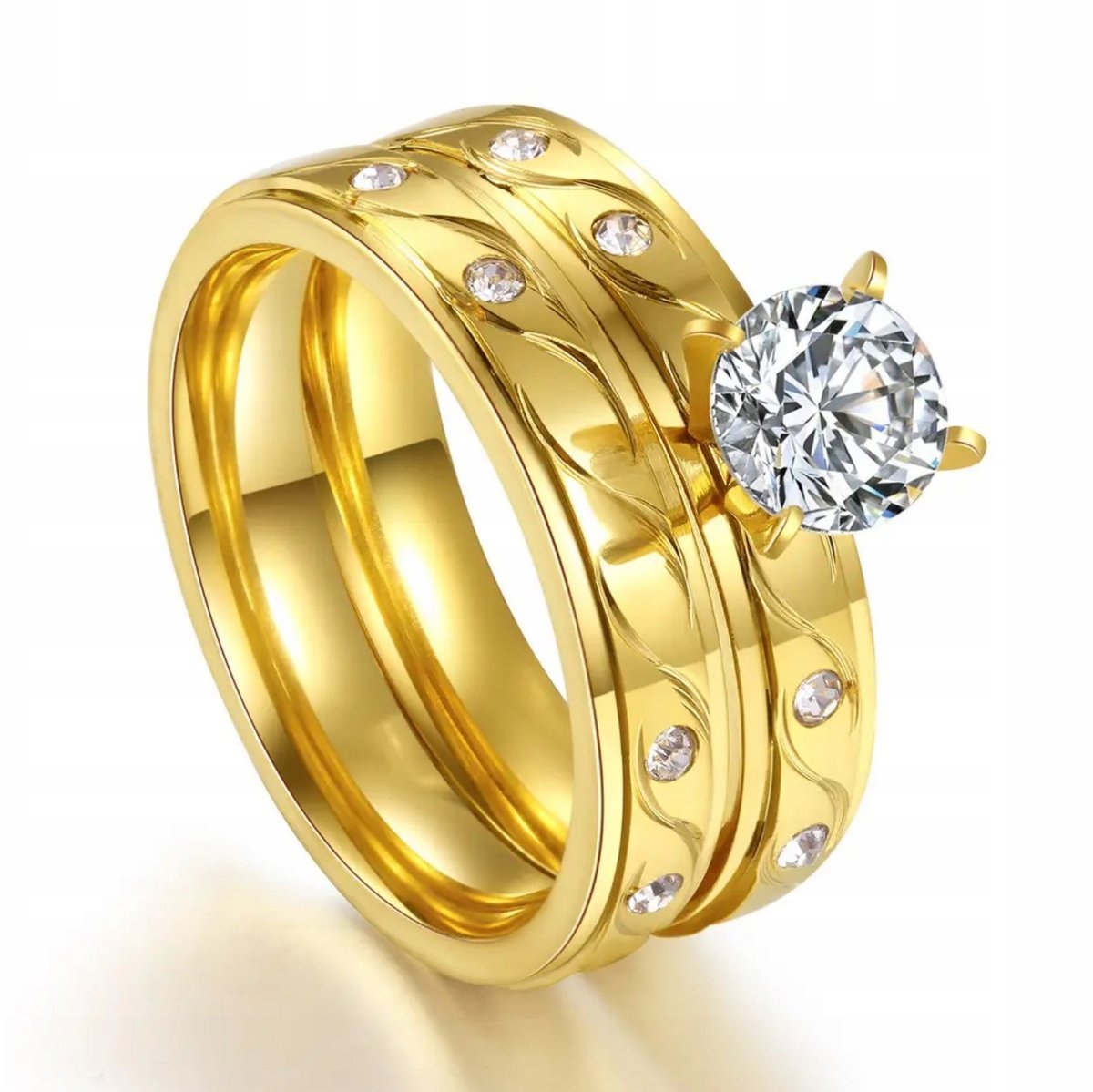 Zestaw Dwóch Złotych Pierścionków Brylanty Cyrkonie Stal Szlachetna