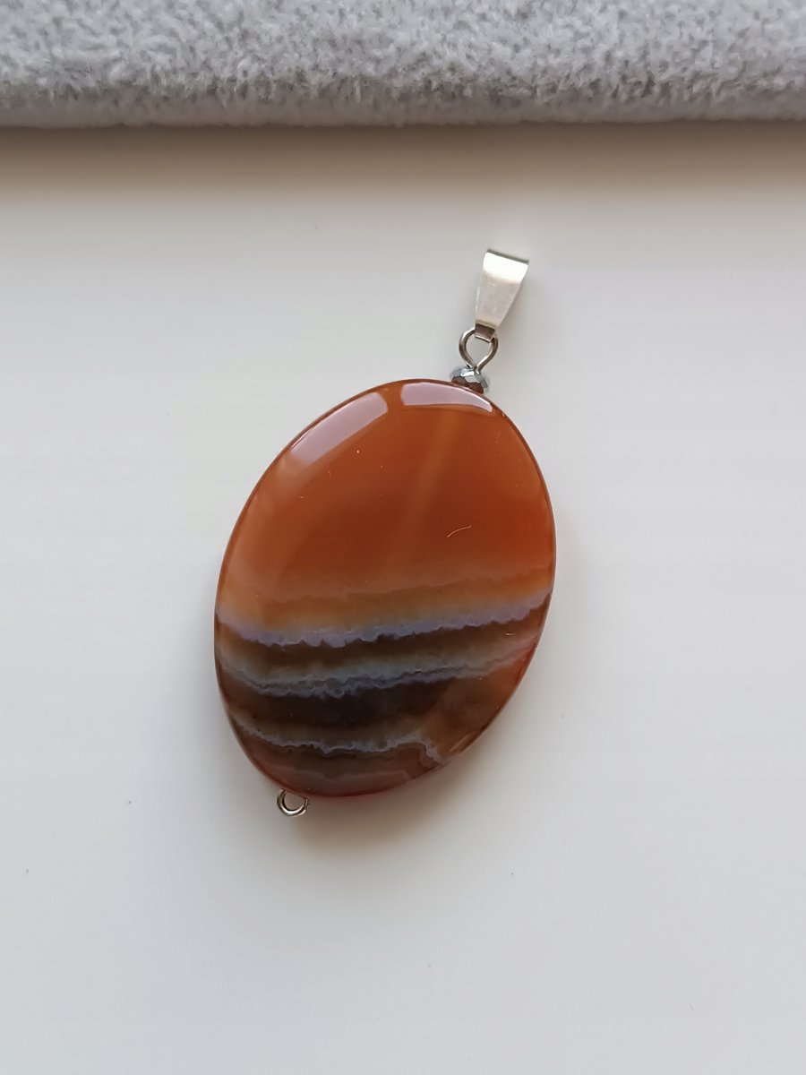 OWALNA ZAWIESZKA WISIOREK BRĄZOWY AGAT KARNEOL GŁADKI SREBRO 4cm x 3cm