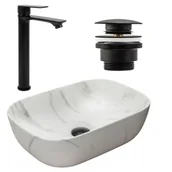 Umywalki - Rea Zestaw Belinda marble mat + bateria wysoka Mayson black mat+ korek uniwersalny black mat - miniaturka - grafika 1