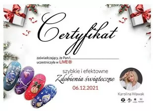 Certyfikat ze szkolenia online Szybkie i efektowne Zdobienia Świąteczne by Karolina Wawak Wersja Drukowana - Pozostałe akcesoria kosmetyczne - miniaturka - grafika 1