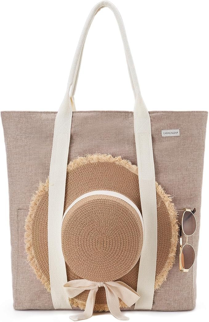 Torba Plażowa Damska z Zamkiem Błyskawicznym Beżowa z Uchwytem na Kapelusz