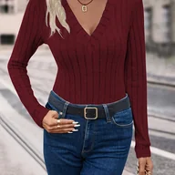 Bluzki damskie - TEMU Wiosenno-jesienna damska bluzka z dekoltem w serek, jednokolorowa, prążkowana, casualowa, długi rękaw - miniaturka - grafika 1