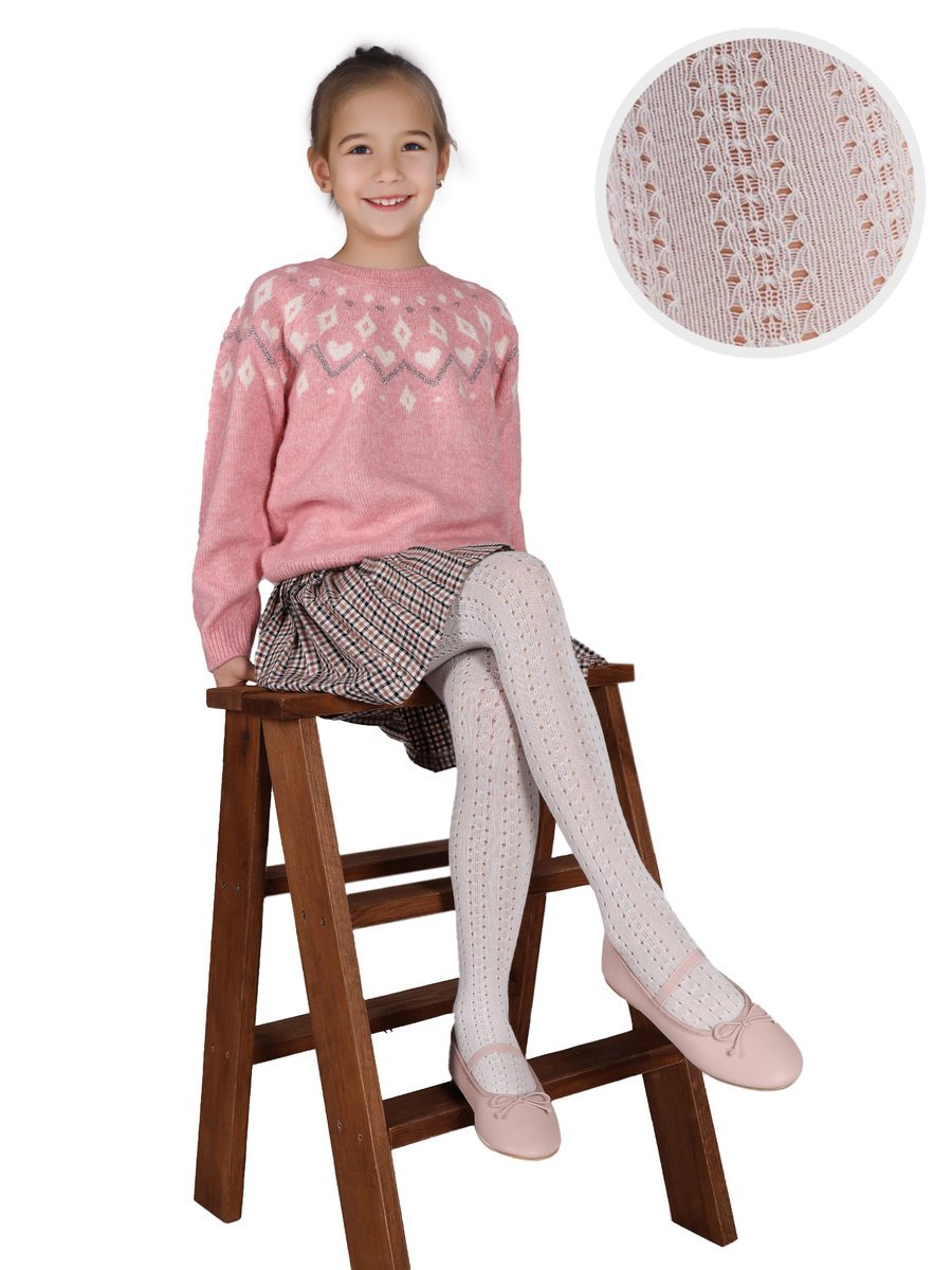 Rajstopy bawełniane dziewczęce dziecięce ażurowe ecru 116-122 MYWAY