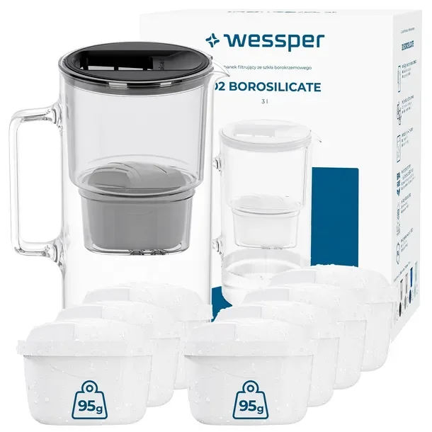 Dzbanek filtrujący szklany Wessper D2 Borosilicate 3l + 8x filtr do wody