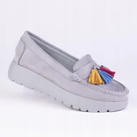 Mokasyny damskie - Mokasyny damskie GOODIN GD-FL6015 zamsz eko skóra chwosty popiel 38 - miniaturka - grafika 1