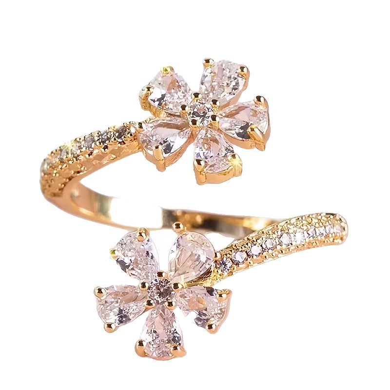 Pierścionek Regulowany z Motywem Kwiatów Kolor Złoty i Biały