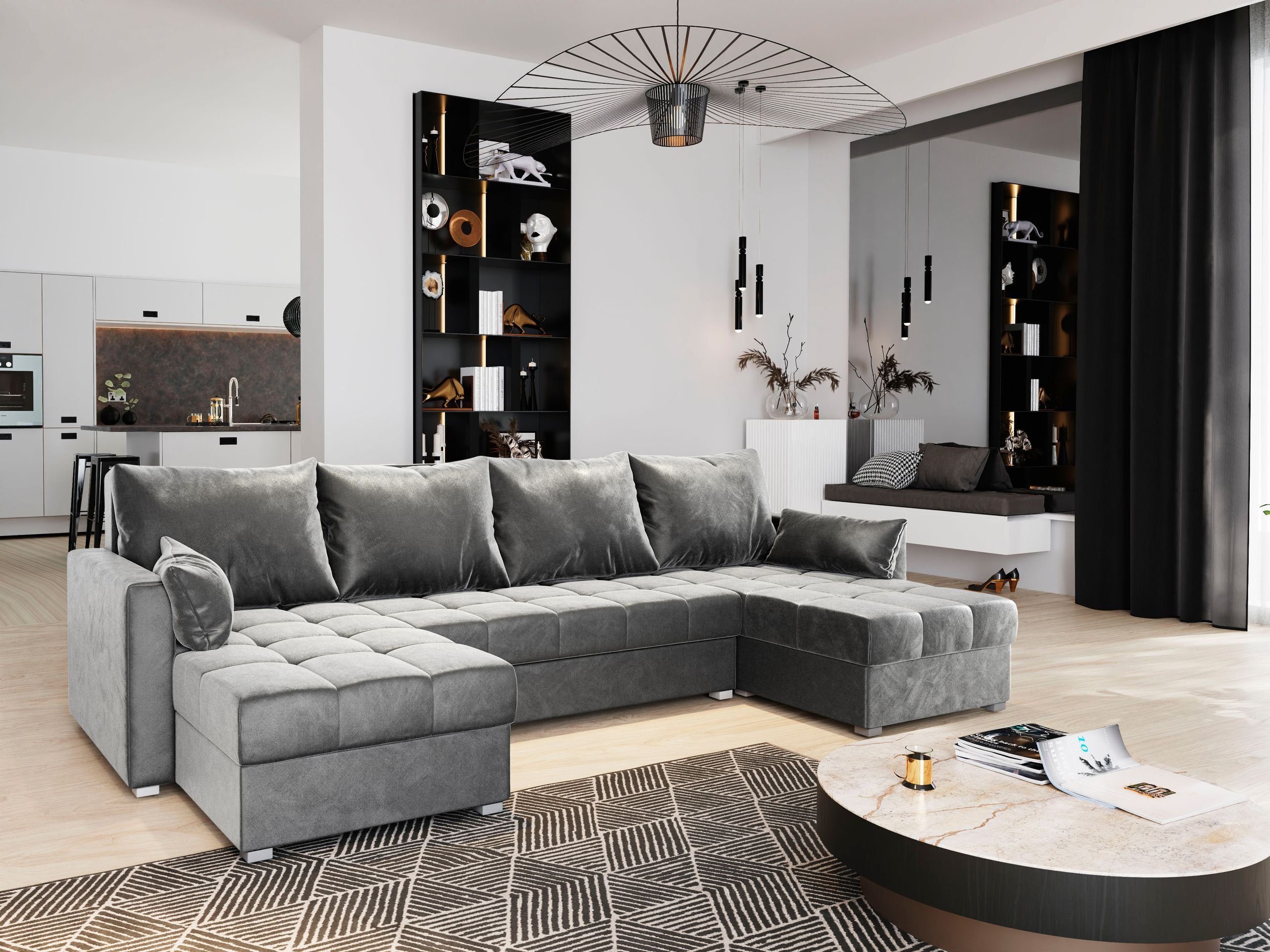 Masseno Narożnik NAKO z funkcją spania i pojemnikiem na pościel Kształt U, Rozkładana sofa, Rogówka - Jasnoszary, PAROS 05