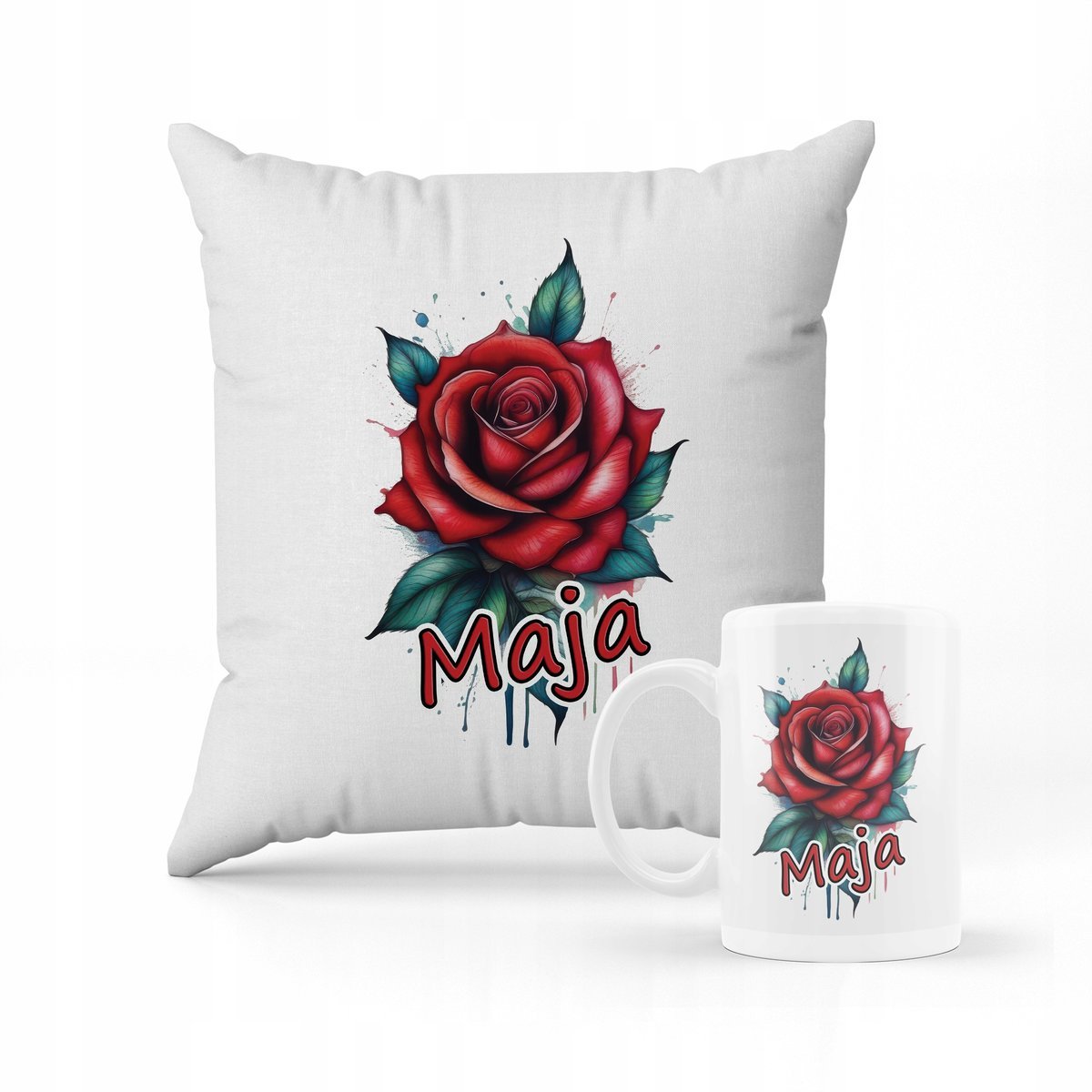 ZESTAW PODUSZKA + KUBEK Prezent Bajkowa róża + IMIĘ