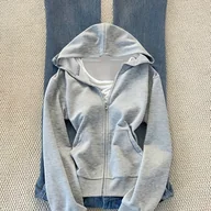 Kurtki damskie - TEMU Damski Jednokolorowy Długi Rękaw Kurtka Z Kapturem I Zamek Z Przodu (Bez Podszewki), Moda Streetwear,Kurtka Codzienna,Modny Styl,Minimalistyczny - miniaturka - grafika 1