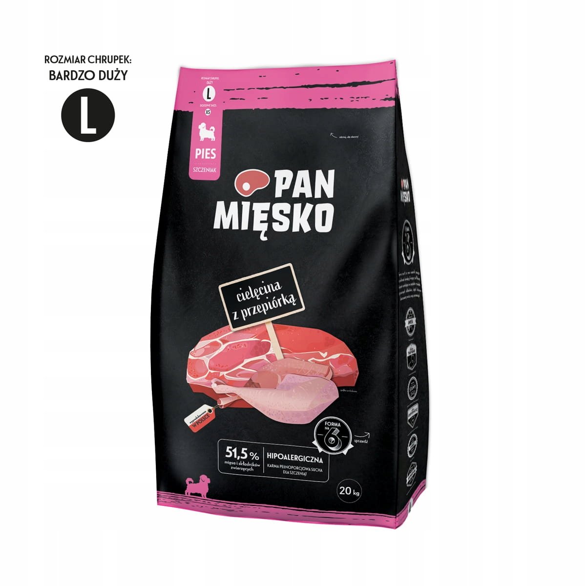 PAN MIĘSKO Cielęcina z przepiórką L szczeniak - sucha karma dla psa - 20kg