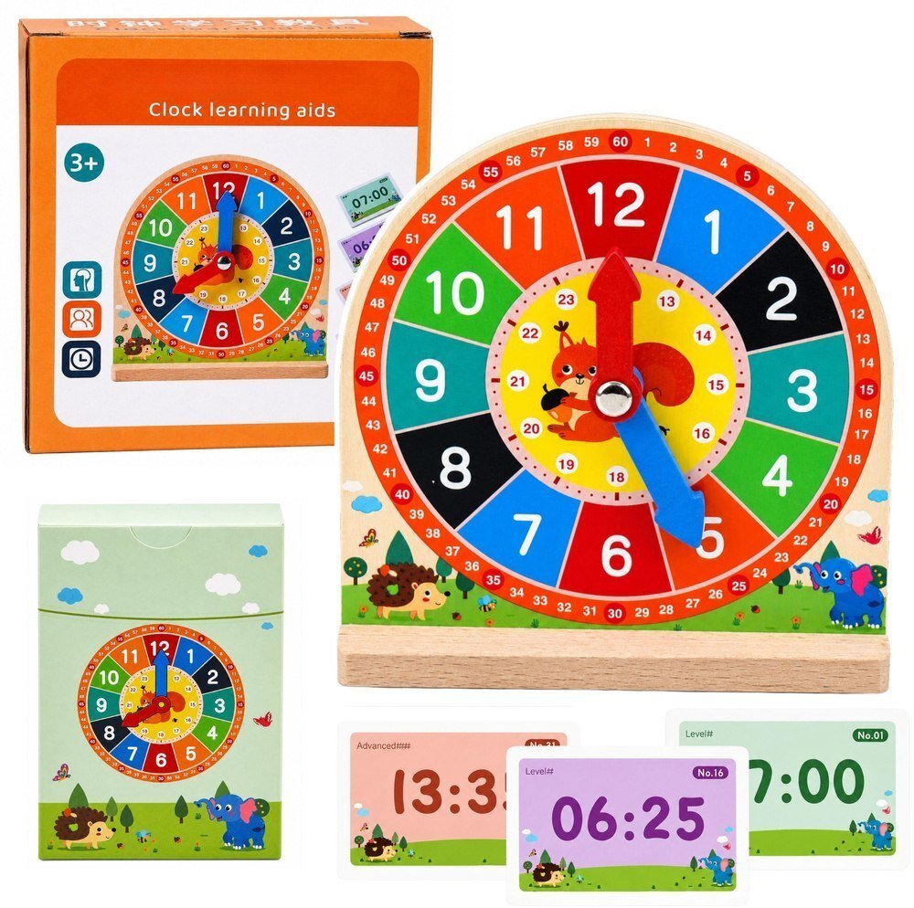 LeanToys Drewniany Zegar Edukacyjny Do Nauki Godzin Ruchome Wskazówki Karty 55 szt. EDUKAMP 31999