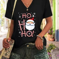 Bluzki damskie - TEMU Letnia Moda Świąteczna – Czarna Koszulka z Dekoltem w Serek i Nadrukiem dla Kobiet - miniaturka - grafika 1