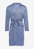 Szlafroki męskie - Niebieski Szlafrok z Bawełną Zdobiony Elegancką Lamówką i Aplikacją z Wiązanym Paskiem Attelora - miniaturka - grafika 1