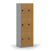Szafki biurowe - Drewniana szafka skrytkowa, 6 schowków, zamek RFID, szary/buk - miniaturka - grafika 1