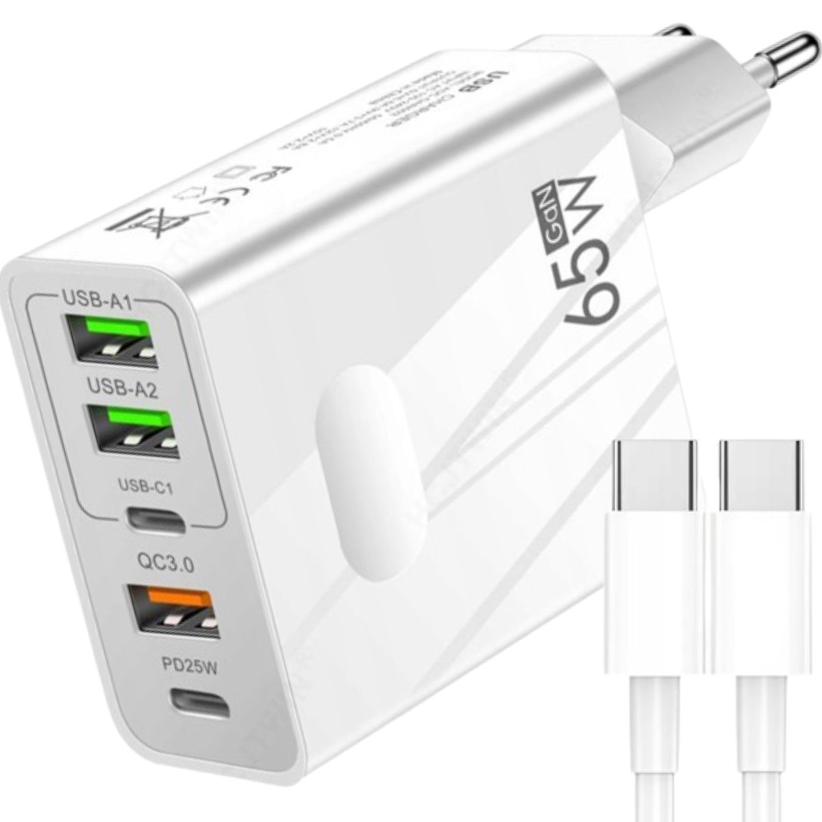 65W SZYBKA ŁADOWARKA SIECIOWA: 2x USB-C PowerDelivery 3x USB-A QC 3.0 Biała