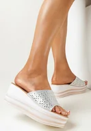 Klapki i japonki damskie - Srebrne Klapki na Koturnie z Szerokim Paskiem z Cyrkoniami Abiss - miniaturka - grafika 1