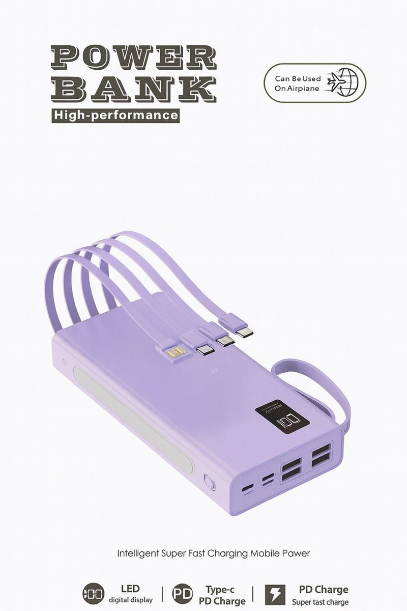 POWERBANK 30000 mAh 66W Z 4 PORTAMI USB, PORTEM USB-C 4 KABLE USB