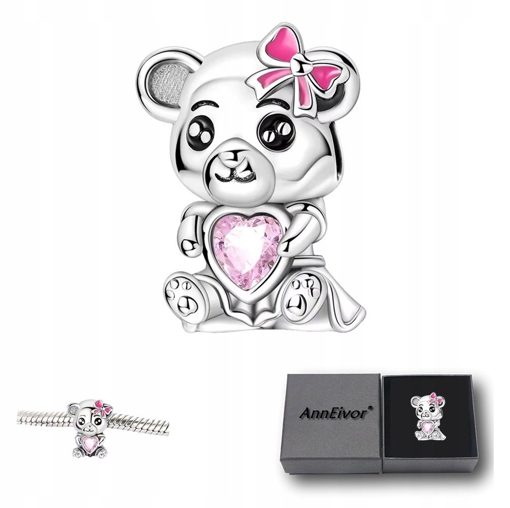 Koralik Modułowy Srebrny S925 Miś Różowy Kryształek Serce Kokardka Dla Niej