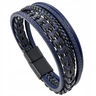 Bransolety męskie - BRANSOLETKA MĘSKA SKÓRZANA GRANATOWA POTRÓJNA RZEMIEŃ STAL - miniaturka - grafika 1