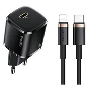 Ładowarki do telefonów - USAMS Ład. siec. 1xUSB-C T36 mini 20W + kabel USB-C-Lightning czarny/black PD3.0 Fast Charging XFKXLOGTL01 (US-CC124+US-SJ484) - miniaturka - grafika 1