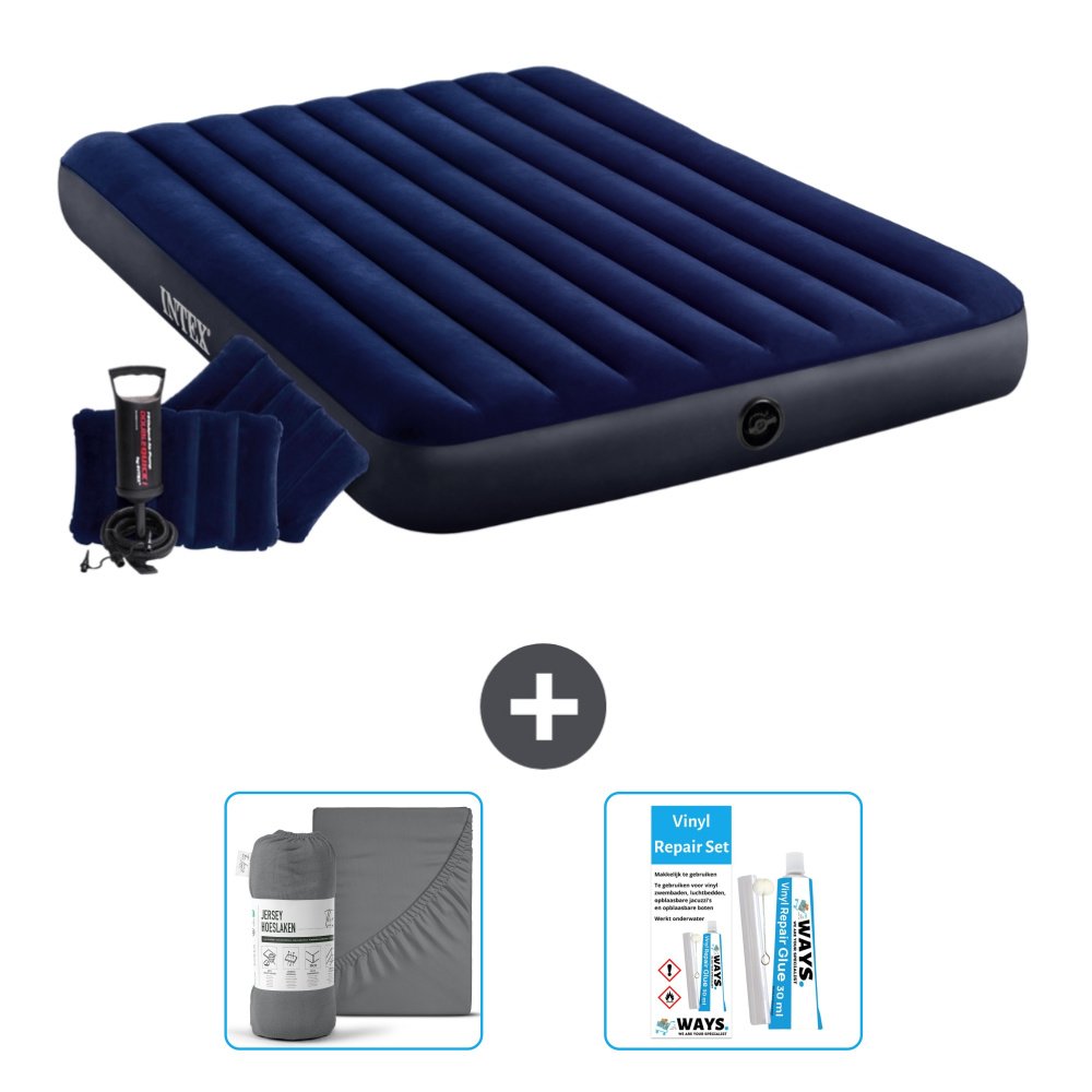Łóżko powietrzne Intex - 2 osoby - 152 x 203 x 25 cm - Niebieski - W zestawie pompka ręczna - poduszka - prześcieradło i zestaw naprawczy