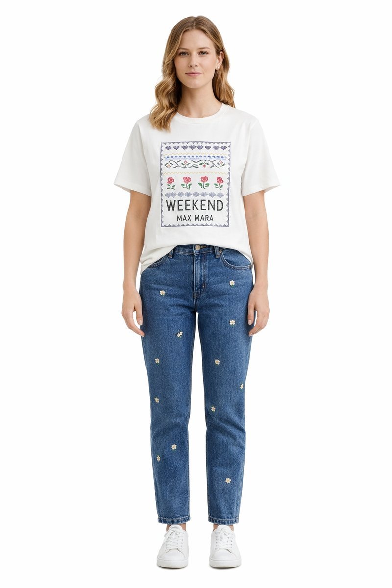 WEEKEND MAXMARA BIAŁY TSHIRT Z BAWEŁNY Z HAFTEM KWIATOWYM XS 1I3A