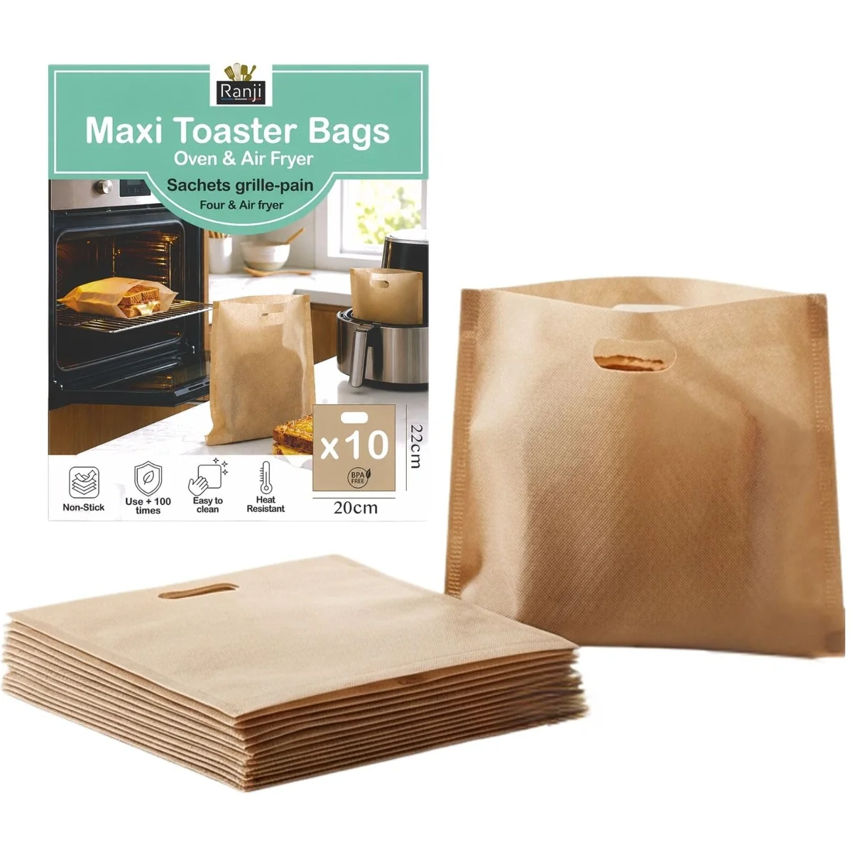 RANJI® 10x torby wielokrotnego użytku do tostów Maxi - Torby na tosty XL - Nieprzywierające torby do pieczenia kanapek, Croque-Monsieur, Toast, Pani..