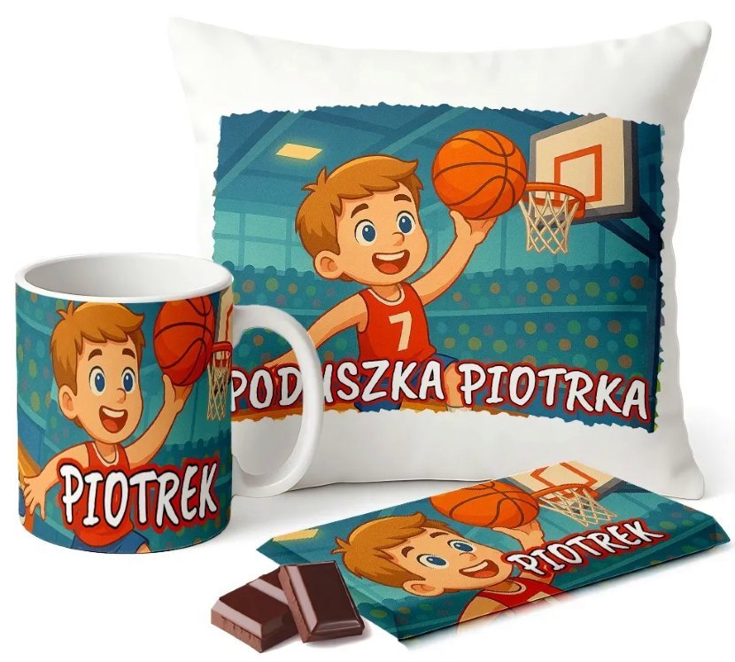 Zestaw Kubek Poduszka Czekolada z Imieniem Koszykówka Prezent dla Dziecka