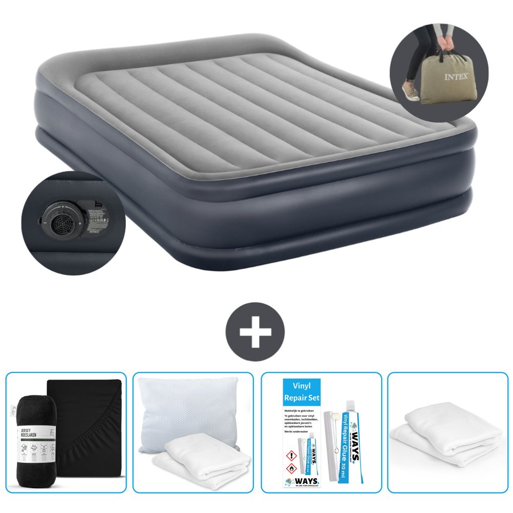 Łóżko powietrzne Intex - 2 osoby - 152 x 203 x 42 cm - Szare - Z pompką - Prześcieradło - Całowanie - Zestaw naprawczy en Ochraniacz na poduszkę