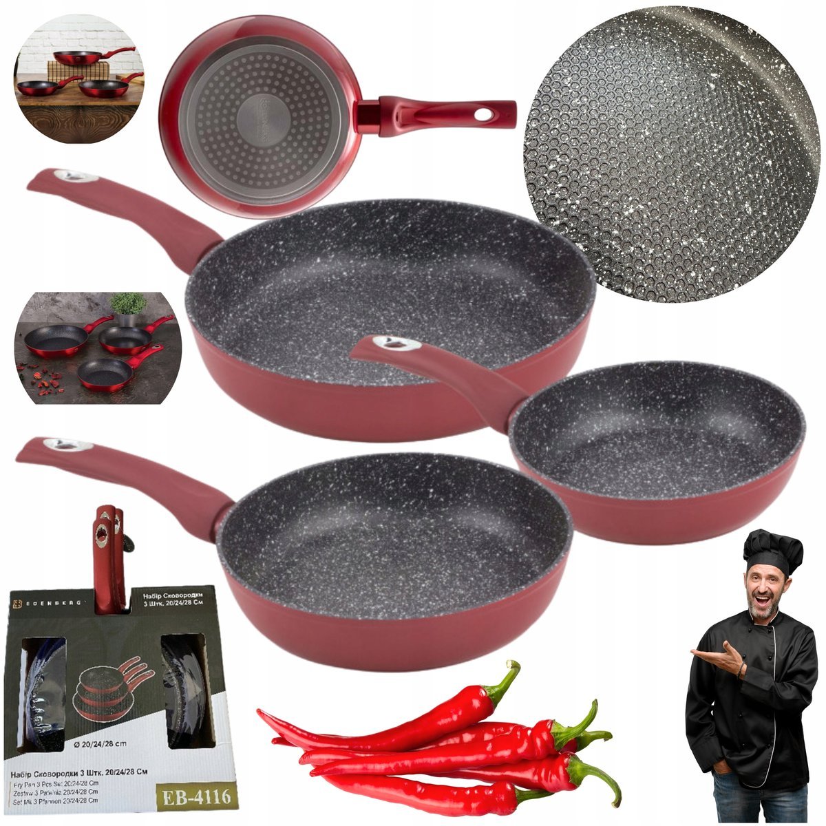 ZESTAW PATELNI MARMURKOWYCH NONSTICK PLATSER MIODU GAZ INDUKCJA 20/24/28cm