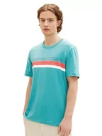 Koszulki męskie - TOM TAILOR Denim Męski T-shirt z nadrukiem w paski, 31044 - Deep Turquoise, XS - miniaturka - grafika 1