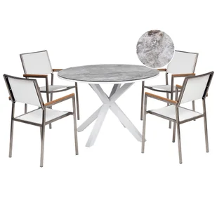 BELIANI Zestaw ogrodowy stół okrągły i 4 krzesła biały aluminium stal nierdzewna blat ze szkła ceramicznego z efektem marmuru meble ogrodowe nowoczesny - Meble ogrodowe - miniaturka - grafika 1