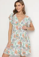 Sukienki - Jasnozielona Bawełniana Sukienka w Kwiaty z Kopertowym Dekoltem Rozkloszowana Jenovienna - miniaturka - grafika 1