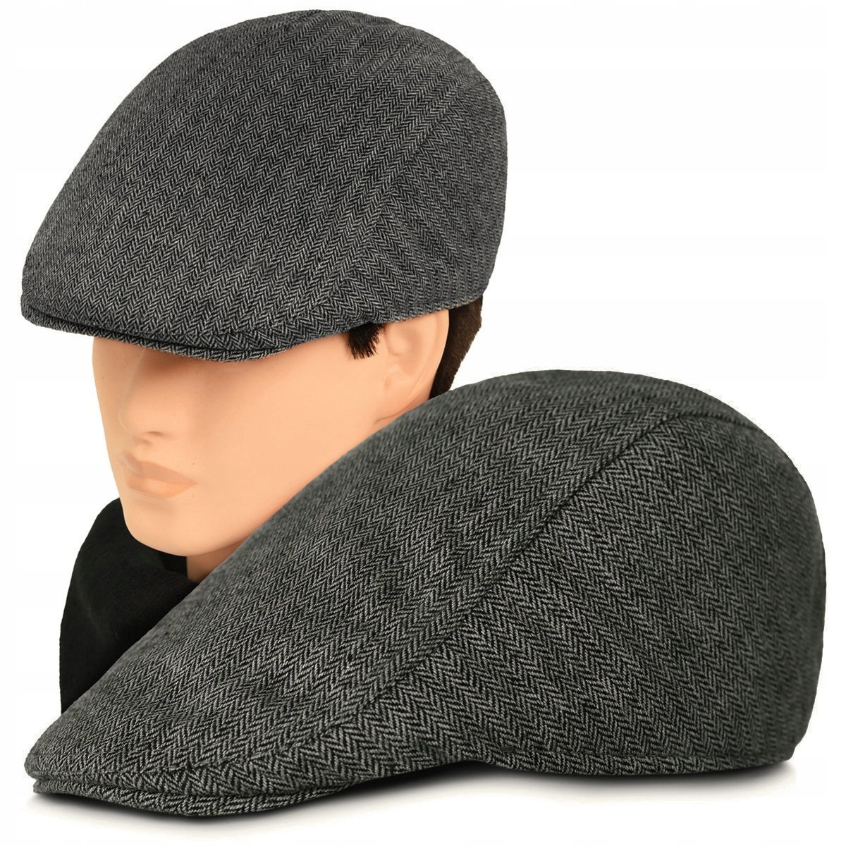 Kaszkiet Męski Zimowy Ocieplany Elegancka Czapka w Jodełkę z Wełną