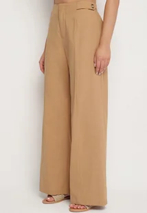 Ciemnobeżowe Szerokie Spodnie z Wiskozą Bawełną i Imitacją Kieszeni Divoppa - Spodnie damskie - miniaturka - grafika 1