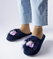 Kapcie damskie - Granatowe ciepłe kapcie z kwiatkami Moly-36 - miniaturka - grafika 1