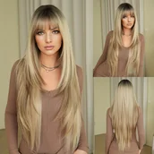 Pozostałe akcesoria fryzjerskie - TEMU Długie proste syntetyczne peruki dla kobiet NAMM 32" - jasnobłonie z grzywką, głębokim dekoltem, gęstością, kapą z róży do codziennego użytku i - miniaturka - grafika 1