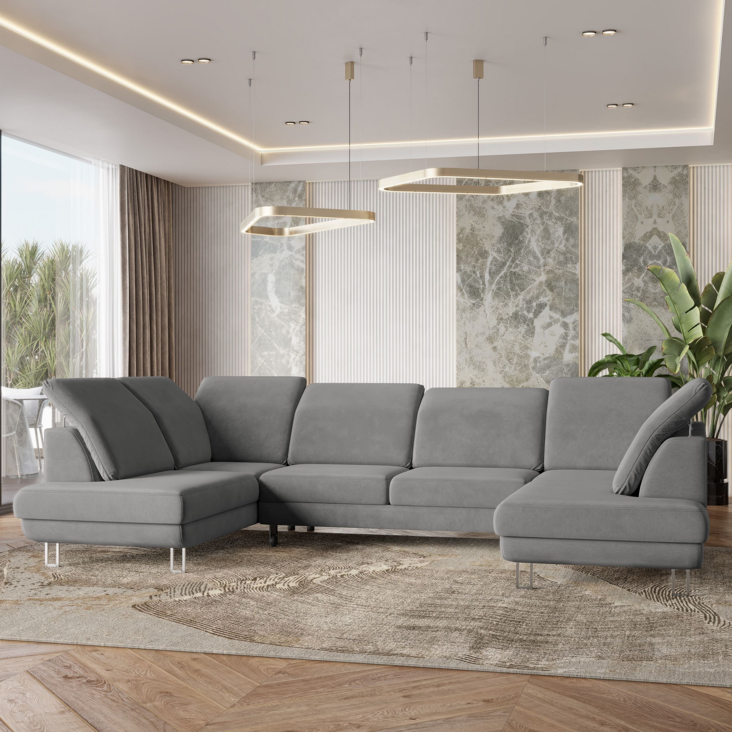 Masseno Narożnik TERAMO z funkcją spania i pojemnikiem na pościel Kształt U, Rozkładana sofa, Rogówka - Szary, MONOLITH 85