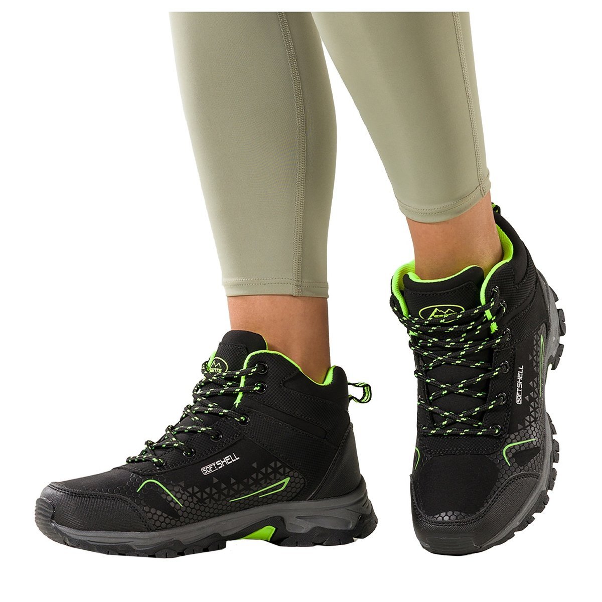 Czarne buty trekkingowe damskie z seledynowymi dodatkami sznurowane softshell Casu Y7997-7-37
