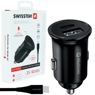 SWISSTEN Czarna Ładowarka samochodowa 1xUSB 1xUSB-C 3A + kabel USB-C - Ładowarki samochodowe - miniaturka - grafika 2