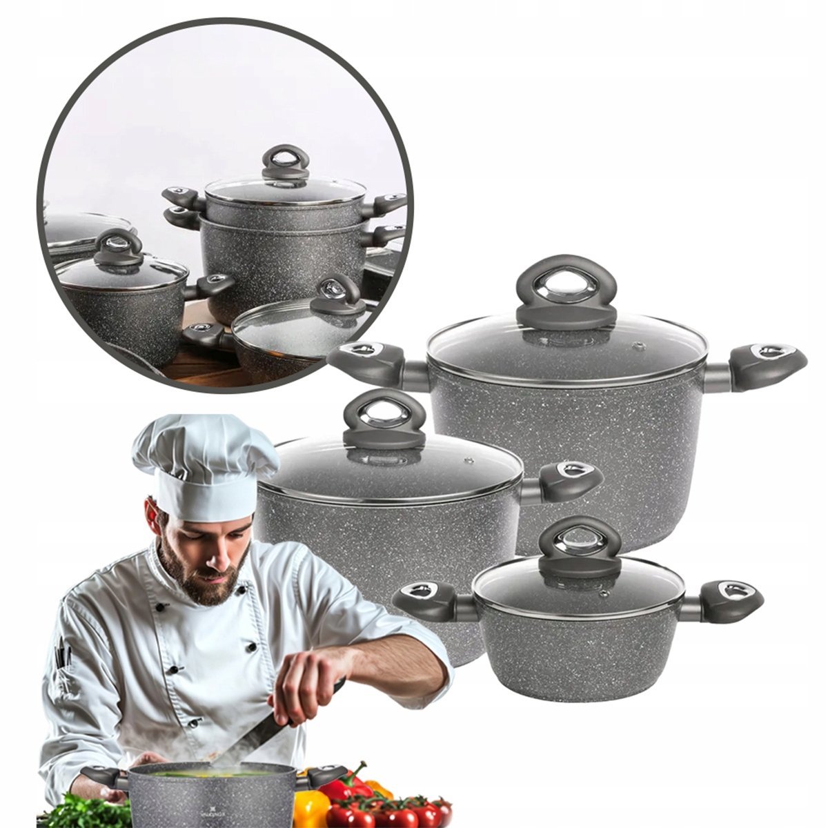 Zestaw garnków z powłoką trwałą Valdinox Rock aluminiowe 6 el. indukcja gaz