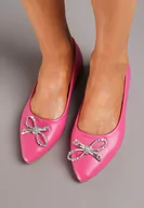 Baleriny - Różowe Płaskie Balerinki z Metalową Ozdobą z Cyrkoniami i Skórzaną Wkładką Tialara - miniaturka - grafika 1