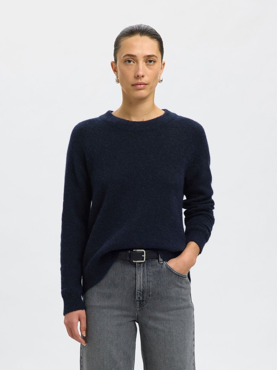 SELECTED FEMME SWETER DAMSKI GRANATOWY Z WEŁNĄ I ALPAKĄ XL 7BA