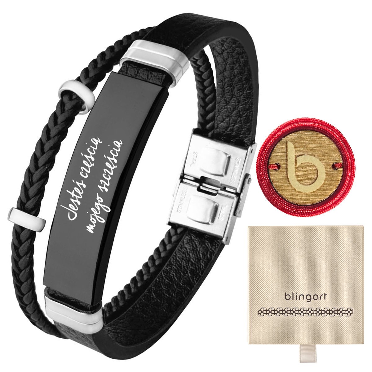 Bransoletka skórzana męska czarna pleciona skóra s