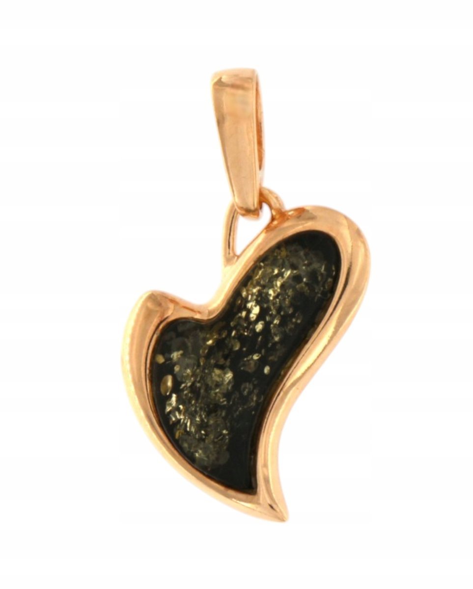 Zawieszka serce bursztynowe zielone - srebro 925 pozłacane 24K
