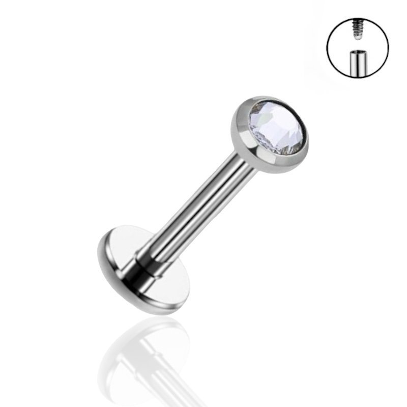 Kolczyk - Tytanowy, srebrny Labret z białą cyrkonią. (Rozmiar: 1,2/6/3)