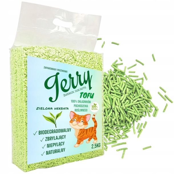 Jerry TOFU Ekologiczny Zbrylający Żwirek dla Kota ZIELONA HERBATA 2,5kg