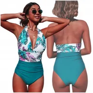 Stroje kąpielowe - TURKUSOWY STRÓJ KOSTIUM KĄPIELOWY JEDNOCZĘŚCIOWY MONOKINI KWIATY WIĄZANY S - miniaturka - grafika 1