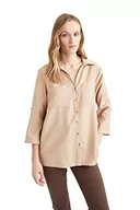 Koszule damskie - DeFacto Koszula damska z tkaniny bawełnianej z długimi rękawami, Vison, XXL - miniaturka - grafika 1