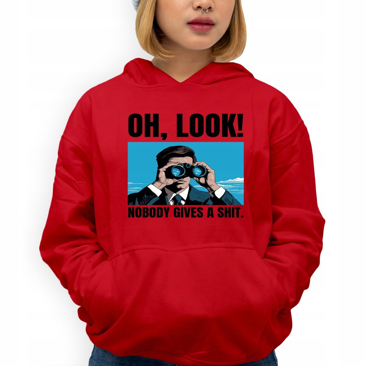 Bluza Z Kapturem Czerwona NOBODY GIVES A SHIT Młodzieżowe Trendy Wzory - L